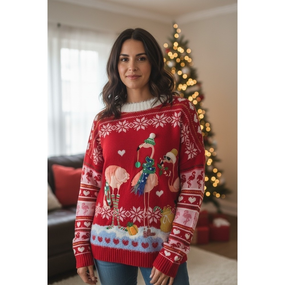 Blizzard Bay Flamingo Ugly Tacky Christmas Sweater Party Holiday Tropical Pink L